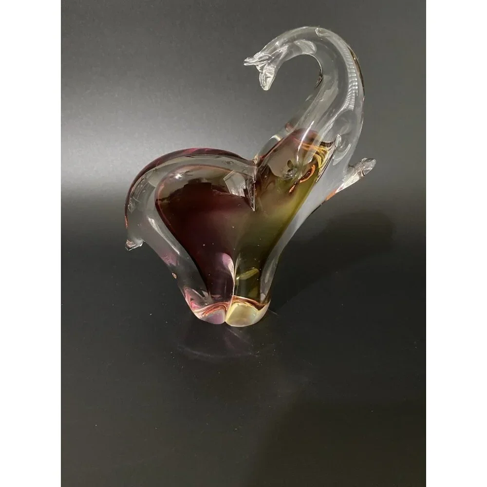 Clear Glass Elephant Figurine Paperweight Purple & Amber Collector 6